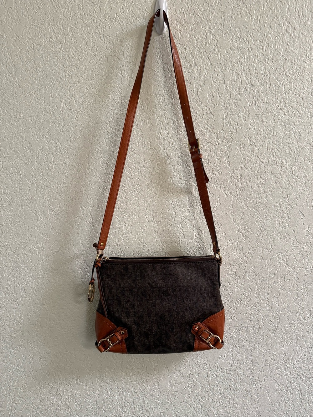 Michael Kors Dark Brown Monogram Crossbody with Tan Trim